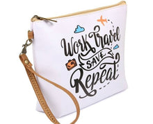 Load image into Gallery viewer, Work, Travel, Save Repeat Wristlet Make Up Travel Bag
